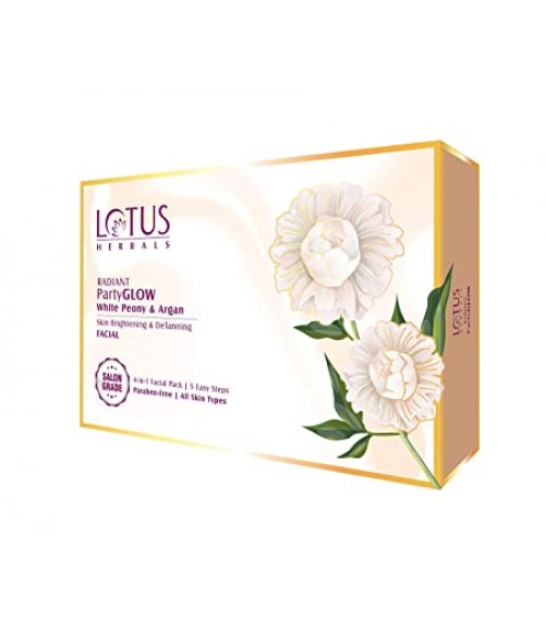 Lotus Herbals Radiant PartyGLOW White Peony & Argan Oil Detanning Facial Kit | 5 Easy Steps | Paraben Free | Salon Grade | All Skin Types | Pack of 4 | 228g